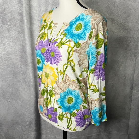 Talbots NWT Blue, Purple, Yellow, Green & Cream Floral 3/4 Sleeve Cardigan - LP - Picture 4 of 10